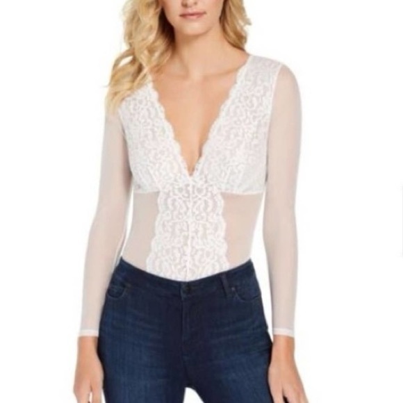 (A9) INC International Concepts Long-Sleeve Lace Mesh Bodysuit-Washed White, NWT - Picture 4 of 7